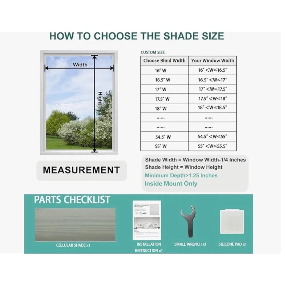 Gray Cordless Cellular Window Shade Blinds Blackout No Drill 35.5W x 48H